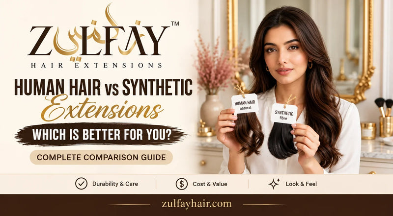 Zulfay Hair Extensions human hair vs synthetic extensions comparison guide featuring a woman holding human hair and synthetic hair samples.