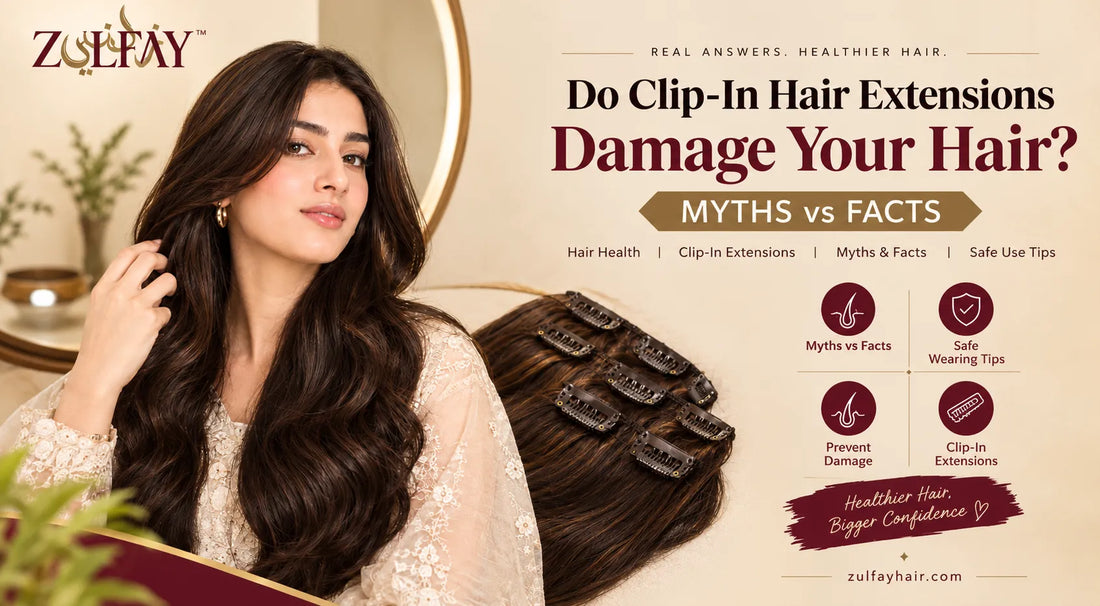 Woman with long dark brown hair showcasing clip-in hair extensions for Zulfay Hair, with a focus on hair health and safe extension use.
