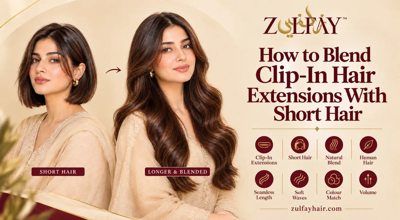 Woman with short bob hair compared with long, blended clip-in hair extensions