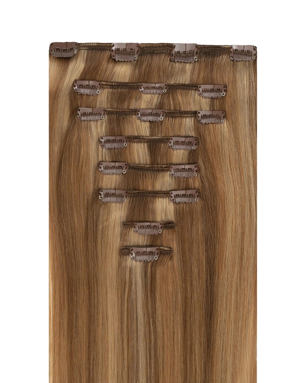 Golden brown hair extensions with beige blonde highlights for a soft natural blend