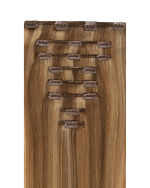 Brown hair clip in extensions with beige blonde highlights for a dimensional look