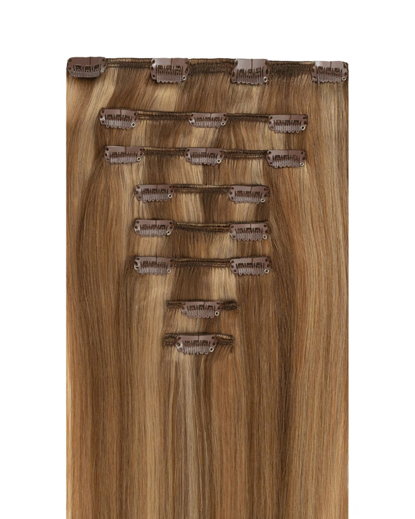 Brown hair clip in extensions with beige blonde highlights for a dimensional look
