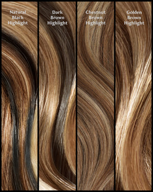 Multi tone hair extensions in natural black with caramel honey highlights for depth