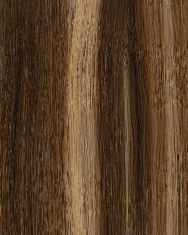 Blonde and brown highlighted hair extensions with a cool natural finish