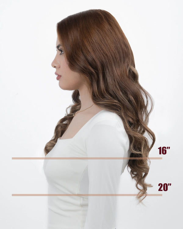 Blonde highlight clip in extensions with a chestnut brown base for contrast