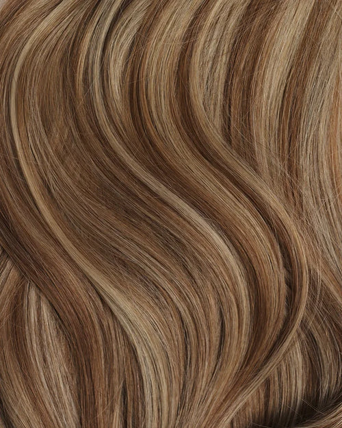 Brown clip in hair extensions with blonde highlights for volume and length
