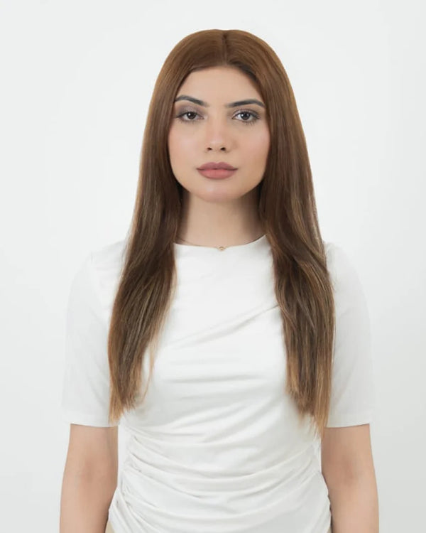 Brown hair extensions with blonde highlights in a cool blended tone