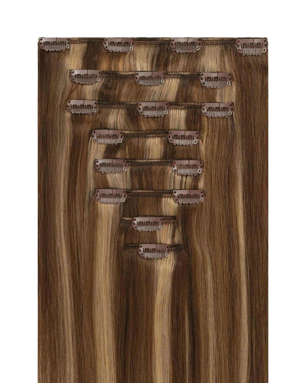 Brown clip in hair extensions with blonde highlights for volume and length
