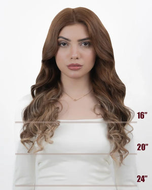 Chestnut brown clip in hair extensions with cool blonde highlights for a stylish look