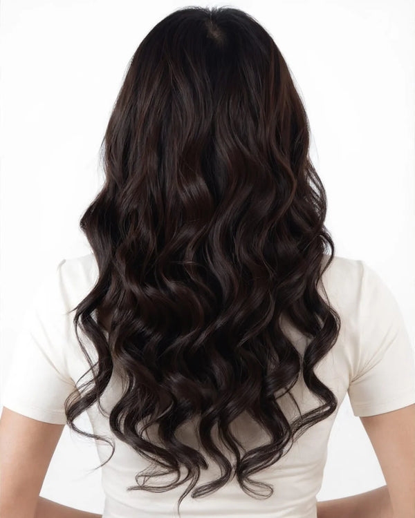 clip in extensions in dark brown color blending naturally with real hair