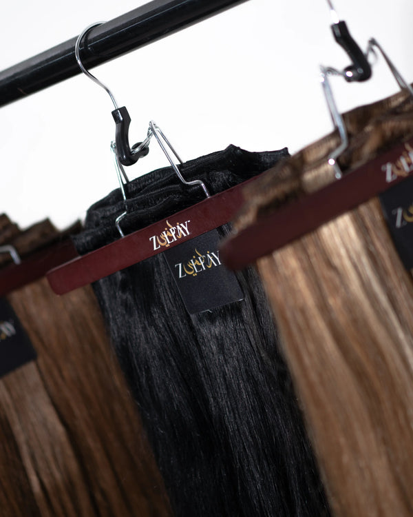 clip in hair extension sample in jet black shade for accurate colour matching