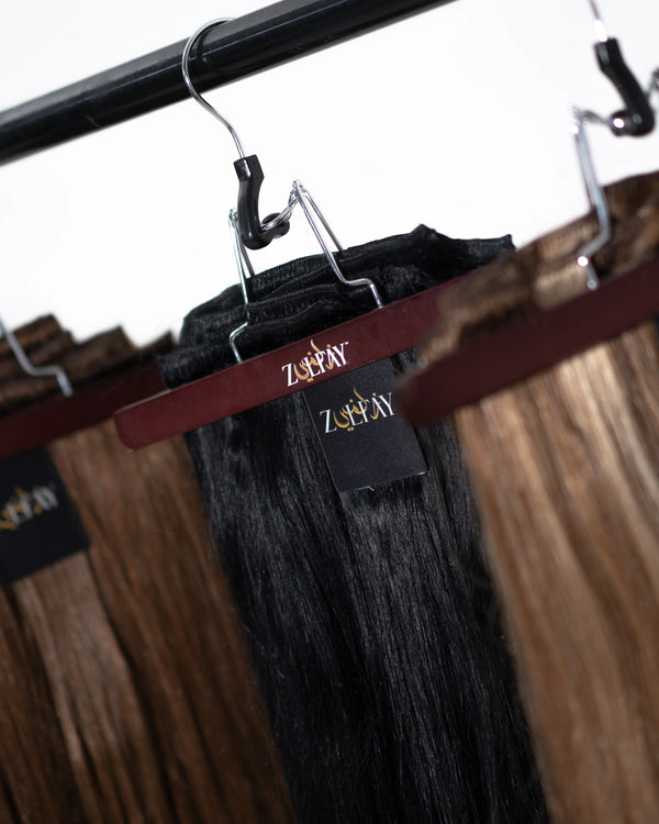 clip in hair extension sample in natural black shade for accurate colour matching