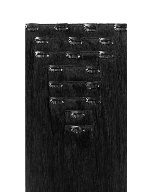 premium jet black clip in hair extensions with silky smooth texture