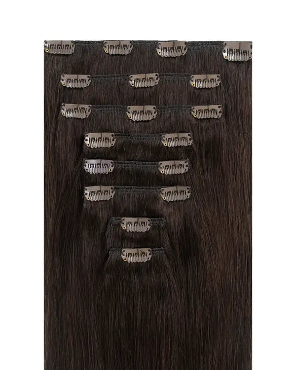 dark brown clip in hair extensions made from soft human hair for a natural look