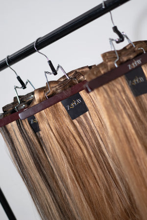 clip in hair extension sample in golden brown with beige blonde highlights