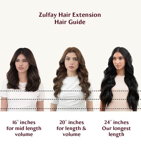 Zulfay hair extension length comparison showing 16 inch 20 inch and 24 inch clip in hair extensions on model